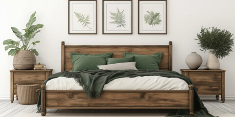 Rustikales Holzbett mit gelben Kissen und zwei Nachttischen vor einer weißen Wand mit drei Posterrahmen. Modernes Schlafzimmer im Landhausstil.