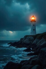 Obraz premium A powerful lighthouse bulb, emitting a bright beam of light against a dark, stormy sea Perfect for nautical, maritime, safety, and navigational themes , sea, navigation, lens