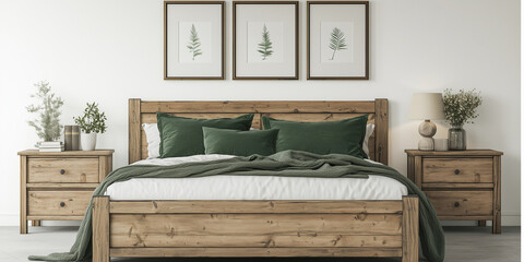 Rustikales Holzbett mit gelben Kissen und zwei Nachttischen vor einer weißen Wand mit drei Posterrahmen. Modernes Schlafzimmer im Landhausstil.