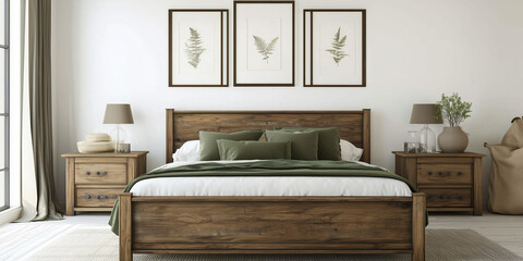 Rustikales Holzbett mit gelben Kissen und zwei Nachttischen vor einer weißen Wand mit drei Posterrahmen. Modernes Schlafzimmer im Landhausstil.
