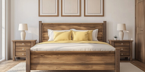 Rustikales Holzbett mit gelben Kissen und zwei Nachttischen vor einer weißen Wand mit drei Posterrahmen. Modernes Schlafzimmer im Landhausstil.