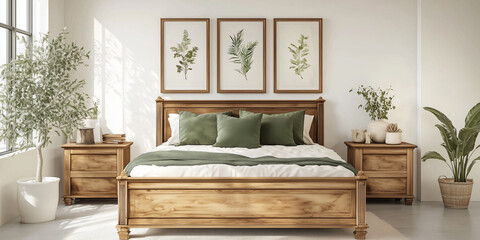 Rustikales Holzbett mit gelben Kissen und zwei Nachttischen vor einer weißen Wand mit drei Posterrahmen. Modernes Schlafzimmer im Landhausstil.