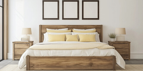 Rustikales Holzbett mit gelben Kissen und zwei Nachttischen vor einer weißen Wand mit drei Posterrahmen. Modernes Schlafzimmer im Landhausstil.