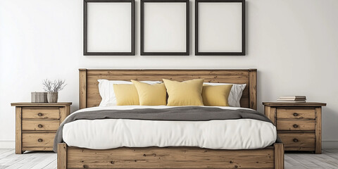 Rustikales Holzbett mit gelben Kissen und zwei Nachttischen vor einer weißen Wand mit drei Posterrahmen. Modernes Schlafzimmer im Landhausstil.