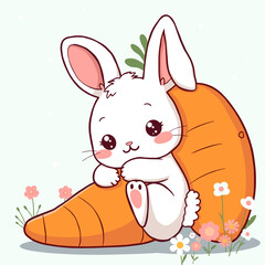 Adorable White Bunny Hugging a Giant Carrot in a Flower Garden