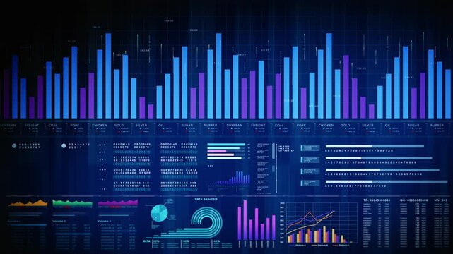Financial investment concept background, Colorful digital financial dashboard with charts, graphs, and commodity trading data for investment analysis and market tracking - Powered by Adobe