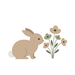Cute rabbit sitting beside blooming flowers in a simple, serene background