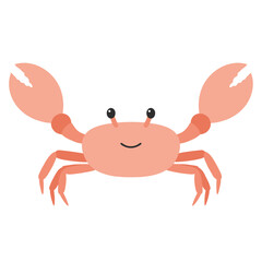 Cartoon crab with cheerful expression sitting on a beach with ocean waves in background