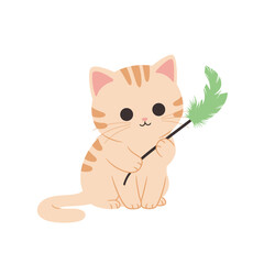 Playful kitten holding a feather toy, set against a simple white background