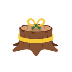 A wooden stump with a yellow ribbon and bow, symbolizing nature's gift, isolated