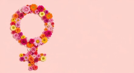 Fototapeta premium Floral female symbol on pink background celebrating women's equality day