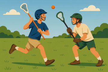 Two boys playing lacrosse outdoors on a sunny day, wearing helmets and holding sticks, actively engaging in a fun sports match.