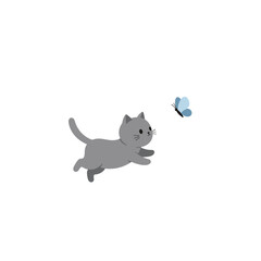 Playful gray cat chasing a blue butterfly in a minimalist background