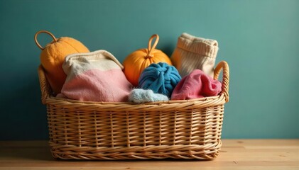 A sturdy woven luggage basket overflowing with neatly packed travel essentials, ready for an adventure Perfect for travel, storage, organization, and home decor , holiday, rattan basket