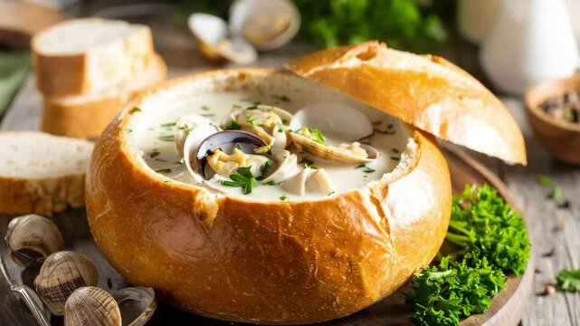 A dish of freshly baked bread with creamy clam chowder on top.