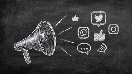 Chalk drawing of a megaphone with social media icons radiating outward on a dark chalkboard