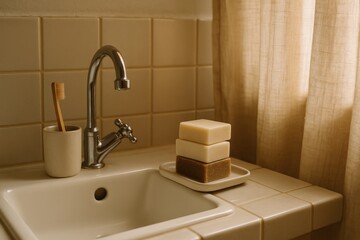 A bathroom sink area with a toothbrush in a holder, stacked soap bars, and natural light streaming through sheer curtains.