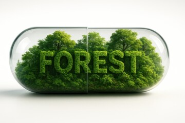 A forest is encased inside a transparent capsule labeled FOREST, combining ecological symbolism with pharmaceutical design in vivid green hues.
