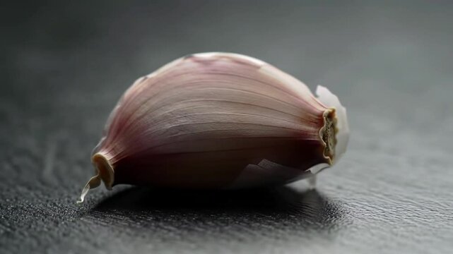 Close-up of a garlic bulb on a textured dark surface, highlighting detail.