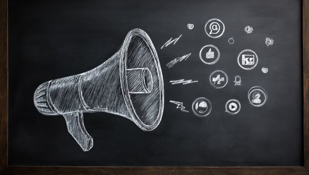 Chalk drawing of a megaphone with social media icons radiating outwards on a chalkboard