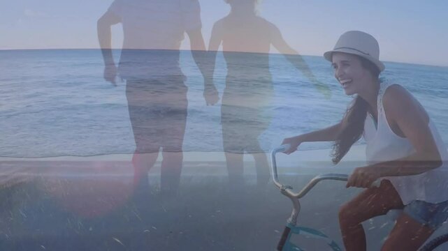 Initial pedal push launching travel ad showing woman riding bicycle speeding while couple running