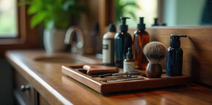 Close-up of a neatly organized shaving kit, featuring various grooming products, on a wooden surface Ready for a morning routine of self-care and preparation , natural, wellbeing