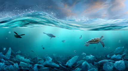 Fototapeta premium Plastic trash in the ocean. Environmental pollution. sea is covered in plastic and dead sea creatures. global problem, threat ocean wildlife and calling for urgent action to protect the environment.