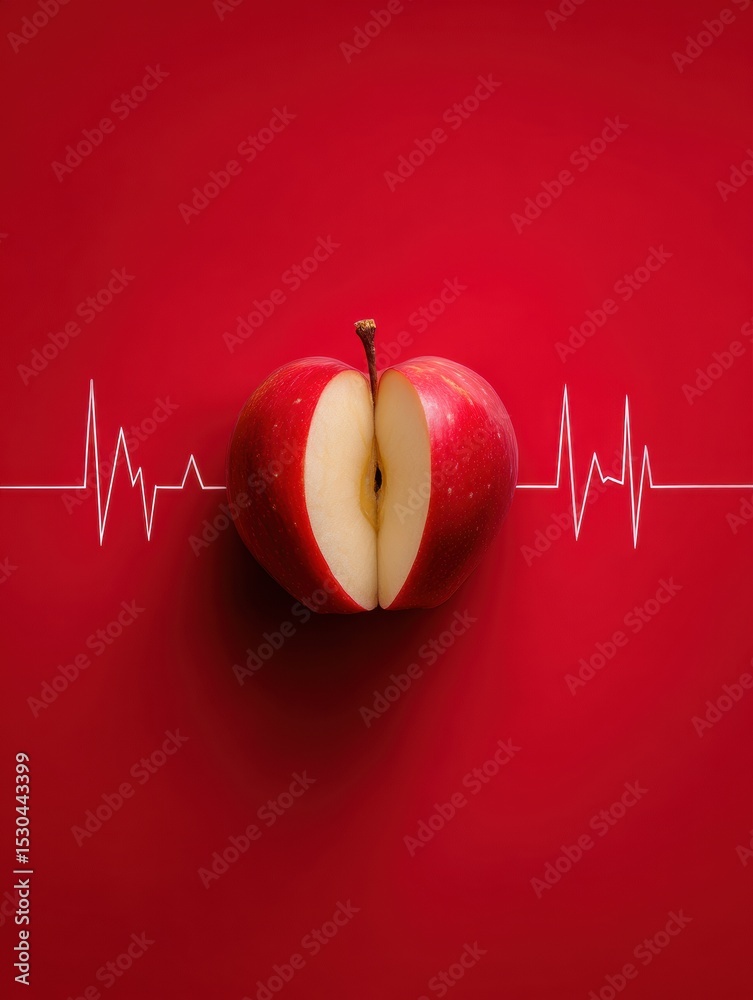 Poster heart-shaped red apple with heartbeat line design evokes feelings of love and health in a minimalist