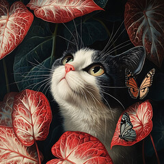 Curious cat gazes upward, surrounded by vibrant caladium leaves and delicate butterflies, creating scene filled with wonder and mystery. contrast of colors enhances enchanting atmosphere