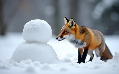 Obraz premium Curious fox observing snowman winter wonderland wildlife photography outdoor environment close-up view nature's charm. High quality