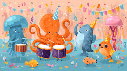 flat illustration of cute ocean animals