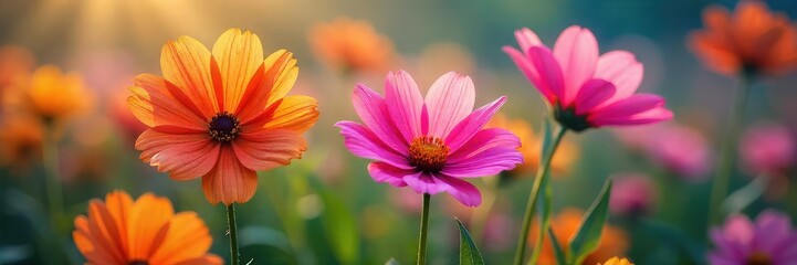 Close-up of vibrant, colorful flowers gently swaying in the breeze, their petals subtly moving as if inhaling and exhaling  A mesmerizing display of nature's delicate rhythm ,  spring,  life