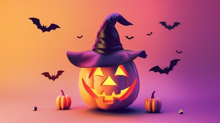 An interesting Halloween scene: a blinking pumpkin lantern, surrounded by bats and minimalist witch hats. With subtle horror shadows.