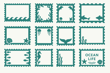 Underwater Ocean Sea Life Postage Stamp Frame Silhouette Clipart Set