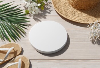 White disc podium surrounded by summery elements