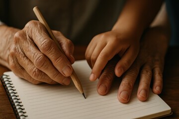 Young and elderly hands cooperate in writing on a notepad, symbolizing generational connection, learning, and mutual support.
