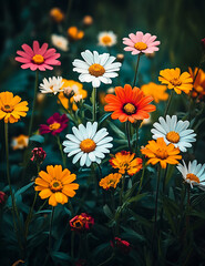 Vibrant mix of wildflowers including daisies and colorful blooms creates cheerful and lively atmosphere in this beautiful garden scene