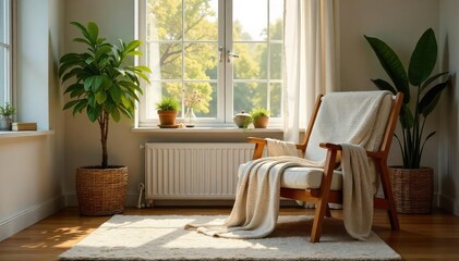 Cozy living room, soft throw draped over armchair, natural light streaming through window  Perfect for relaxing evenings at home ,  woven,  interior design,  warmth