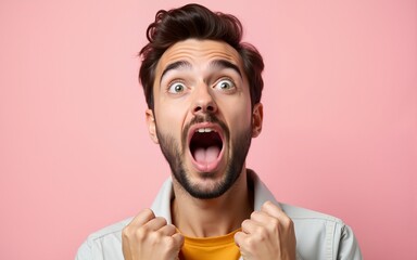 The surprised and astonished young man screaming with open mouth isolated on pink background. concept of shock face emotion. High quality