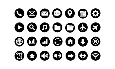 Set of Black and White Icons for Communication, Navigation Media and User Interface
