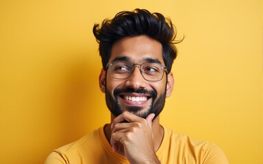 Collage of handsome young indian man over isolated background with hand on chin thinking about question, pensive expression. Smiling with thoughtful face. Doubt concept. High quality