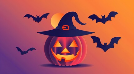 An interesting Halloween scene: a blinking pumpkin lantern, surrounded by bats and minimalist witch hats. With subtle horror shadows.