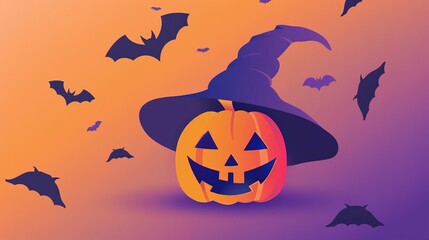 An interesting Halloween scene: a blinking pumpkin lantern, surrounded by bats and minimalist witch hats. With subtle horror shadows.