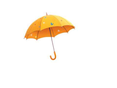 A bright yellow umbrella adorned with small butterfly designs isolated on a black background image view