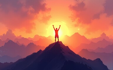 silhouette of triumphant figure atop mountain peak at sunrise vibrant watercolor sky blending oranges and purples creating sense of accomplishment and wonder. High quality