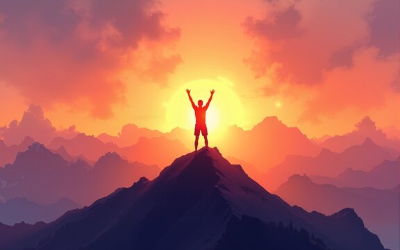 silhouette of triumphant figure atop mountain peak at sunrise vibrant watercolor sky blending oranges and purples creating sense of accomplishment and wonder. High quality