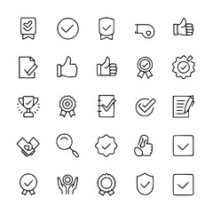 Assorted outline icons representing approval and validation on white background , no background