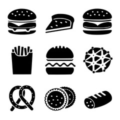 fast food icons set , Black and white vector icons of various food items arranged on white background , no background
