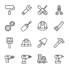 Line art illustration of various construction equipment tools on white background , no background