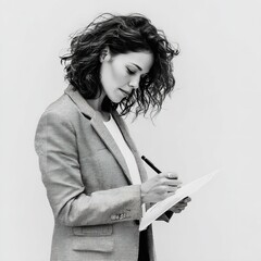 Business woman writing notes signing contract in office professional corporate portrait black and white image